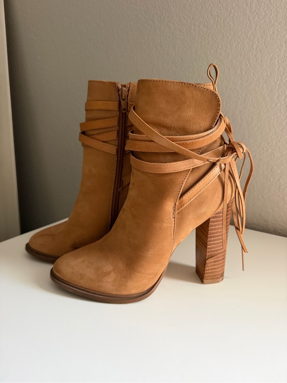 Women's Tan Suede Lace-Up High Heel Ankle Boots